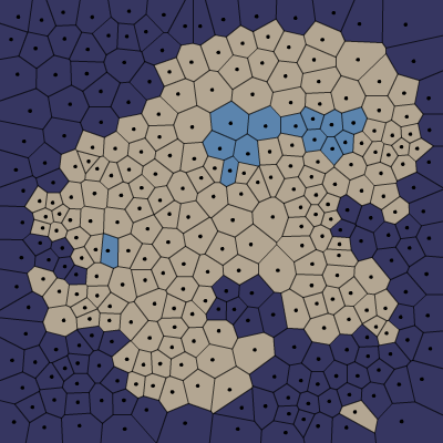 Polygon map divided into land, ocean, and lake